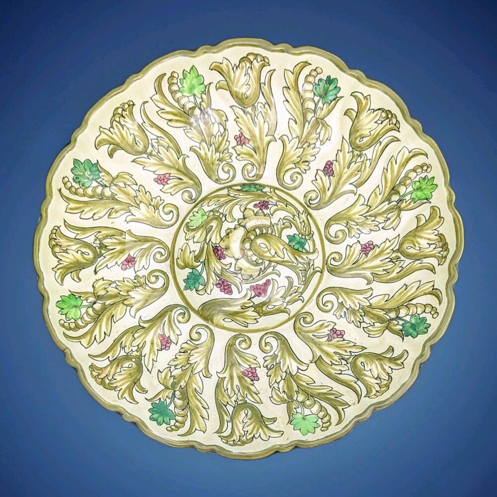 Ardalt Daliso Lustri Vintage Serving Bowl Green Scrolls Grapes Rare Leaves Gold